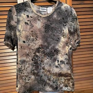 White Stag T-Shirt. Camp colors, black line floral, gold glitter accent